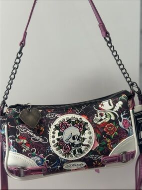 Ed Hardy Black & Purple Floral Skull Shoulder Bag